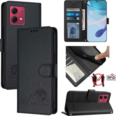 Produktbild von Leder Hülle für Motorola Moto G84 Süße Katze Flip Case Brieftasche Schutzhülle mit Standfunktion Schwarz