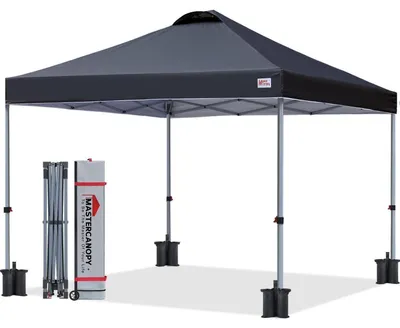 Productafbeelding van Pop-up paviljoen, 2,5 x 2,5 meter. Snel op te zetten, 3-voudig in hoogte verstelbaar. UPF50+ bescherming, waterafstotend. Zwart. Inclusief transporttas en zandzakken