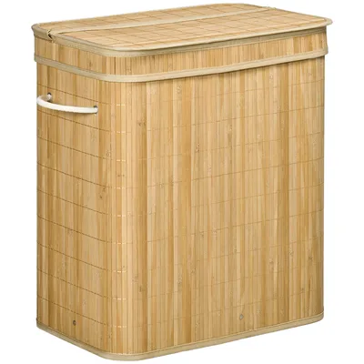 Produktbild von HOMCOM Wäschekorb mit Deckel 90 L Wäschesammler mit Griffen, 2 herausnehmbarer Wäschesack, faltbar, Wäschebox Wäschetonne Natur