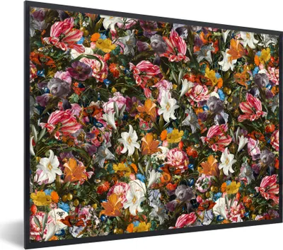 Produktbild von MuchoWow® Gerahmtes Poster Blumen - Schmetterling - Design - Kunst - Abstrakt - Malerei - Alte Meister 40x30 cm - Poster mit Schwarzem Bilderrahmen Wandposter Rahmen Foto Bilder - Kunstposter - Wanddekorationen