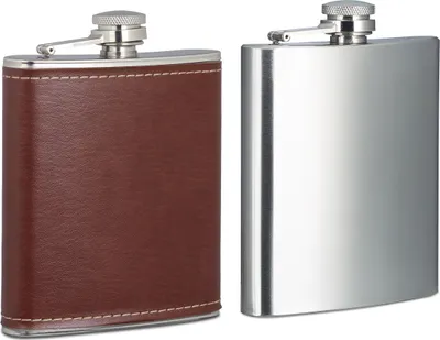 Produktbild von 2x Flachmann 200 ml, 1 Taschenflasche mit Kunstleder Hülle, 1 kleiner Flachmann aus Edelstahl, für unterwegs, silber
