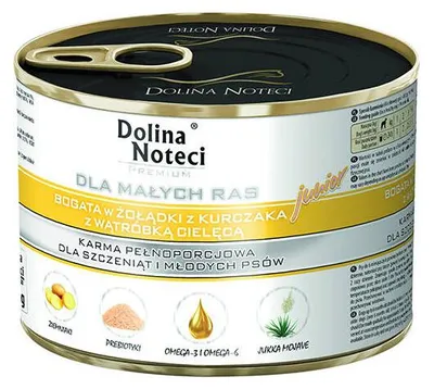 Zdjęcie produktu dla Mokra karma dla psów junior małych ras Dolina Noteci Premium bogata w żołądki z kurczaka z wątróbką cielęcą puszka 185 g