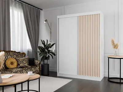Produktbild von Kleiderschrank Lili mit Lamellen 150 cm inklusive 2 Schiebetüren Schwebetürenschrank Kleiderstange Garderobe Schrank Lieferung bis in die Wohnung (Farbe: weiß, weiß, Lamelle wotan)