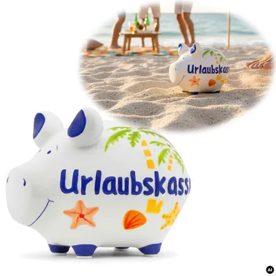 Produktbild von Keramik Sparschwein Spruch Urlaubskasse Weiß Blau Spardose Sparbüchse