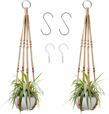 Produktbild von 2er Set Makramee Blumenampel Baumwollseil Hängeampel Blumentopf Pflanzenhalter für Innen Außen Decken mit 4 Haken, braun