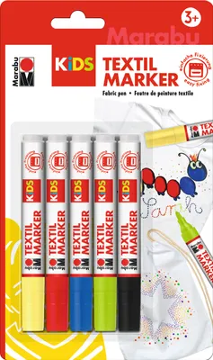 Produktbild von Marabu KiDS Textil marker, Schwarz, Blau, Grün, Rot, Gelb, Textilfarbe, 5 Stück(e)
