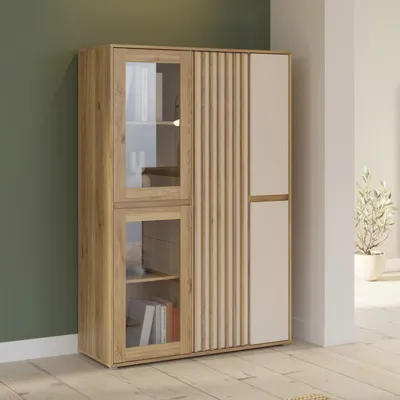 Produktbild von Forte ELISTON Vitrine 100 110, moderner Schrank mit Lamellendesign, 5-türig,  Wohn-/Schlafzimmer, Mauvella Eiche Holzdekor|Kashmir Beige, 109,3 cm breit x 161,7 cm hoch x 41,5 cm tief