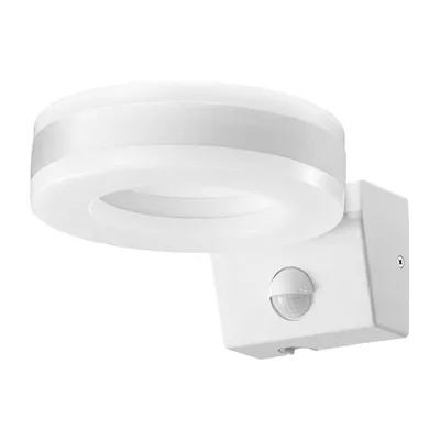 A white LED outdoor light with a motion sensor, mounted on a white background.