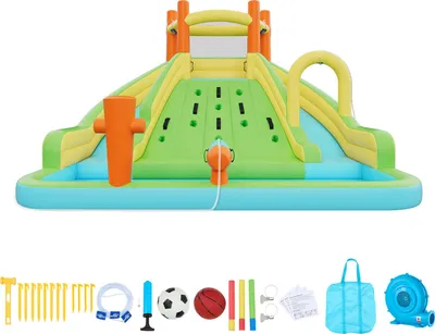 Immagine prodotto di SucceBuy Castello gonfiabile acquatico (405 x 347 x 255 cm), castello con parete da arrampicata, scivoli, piscina per bambini e mini campo da calcio, adatto per 3-4 bambini dai 3 agli 8 anni
