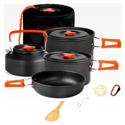 Produktbild von Camping Geschirr Set 16-teilig, Outdoor Kochgeschirr Set für 2-4 Personen, mit 2 Töpfen, Aluminium Kochset und tragbarem Besteck, ideal für Camping, Picknick und Wandern