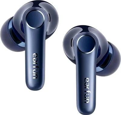 A pair of blue wireless earbuds on a white background.
