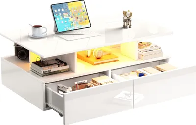 Produktbild von Couchtisch Stilvoller 90x55x41cm Beistelltisch mit Stauraum Belastbar bis 30 kg mit Schubladen Hochglanz Kaffeetisch Freizeittisch LED Wohnzimmertisch