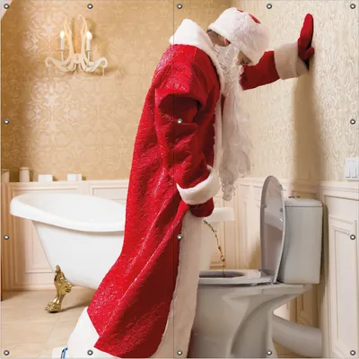 Produktbild von Wallario Outdoor-Poster für Garten oder Balkon, Motiv Weihnachtsmann macht Pause und pinkelt auf edler Toilette, in ca. 180 x 180 cm