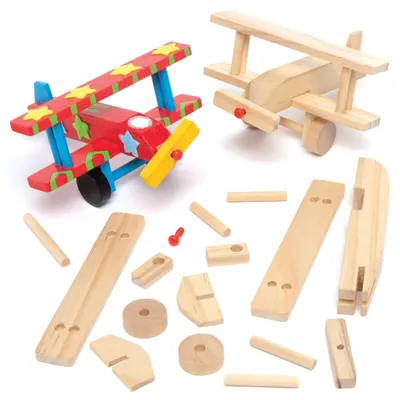 Produktbild von Holzbausatz Bastelset Flugzeug - 12 cm - Vorgesägte Holzteile - Mit Kunststoffschraube