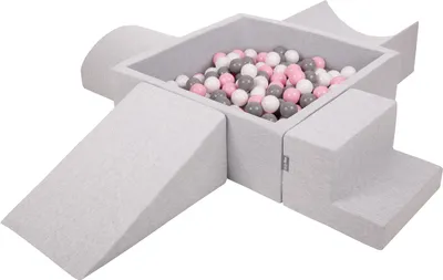 Obrázok produktu pre KiddyMoon Mäkké penové ihrisko pre deti s Štvorec loptičkovým ihriskom (300 ∅ 7 cm) s mäkkými prekážkami a loptičkovým bazénom,  vyrobené v EÚ, Svetlo šedá:Biela/Grey/Púdrovo ružová, Verz