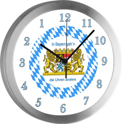 A close-up of a round wall clock with a Bavarian theme.