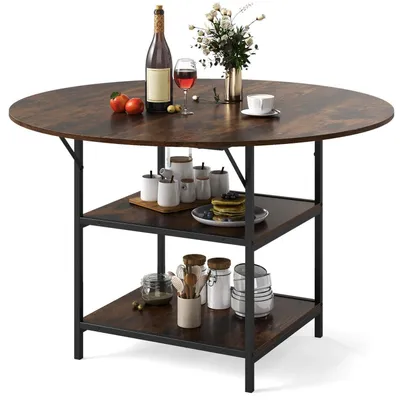Produktbild von Runder Esstisch Ø 120 cm für 4-6 Personen mit 2 Ablagen, Holzoptik Vintage Braun