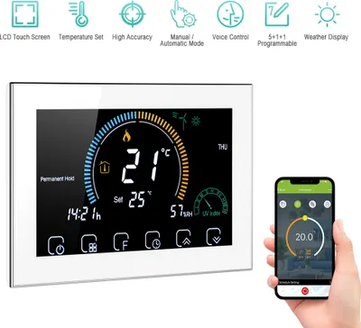 Produktbild von 95-240 V Wi-Fi Smart Programmierbarer Thermostat 5 + 1 + 1 Sechs Perioden Sprach-APP-Steuerung Hintergrundbeleuchtung LCD-Wasser- / Gaskessel-Heizungs-Thermoregulator mit UV-Index-Feuchtigkeitsanzeige Sperrfunktion Kompatibel mit Amazon Echo Google Home Tmall Genie