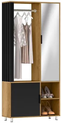 Productafbeelding van Kledingkast met spiegel en kledingstang, opbergvakken, open planken, naturel hout, zwart