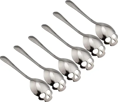 Produktbild von Zuckerlöffel aus 304 Edelstahl, Totenkopf-Design, 6 Stück (Silber)