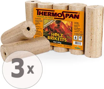 Produktbild von Holzbriketts 3x10kg Rundform mit Zugloch, hoher Heizwert & geringe Restfeuchte
