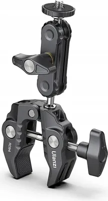 A black camera clamp with adjustable arms and a screw mount, shown against a white background.