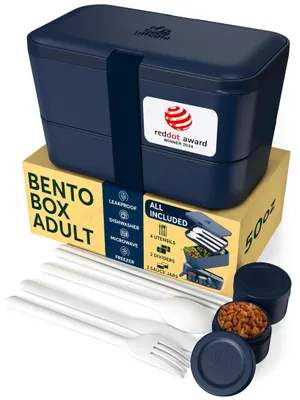 Productafbeelding van Bento lunchbox met 4 gebruiksvoorwerpen, 2 sauspotten, lekvrij en magnetronbestendig