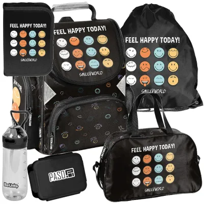 Produktbild von Schulranzen 6-tlg. Set für Mädchen & Jungen SMILEY– Paso Ranzen, Mäppchen, Tasche, Flasche, Frühstückstasche