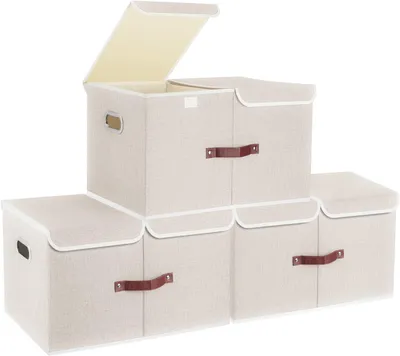 Produktbild von Extra große Aufbewahrungsbox mit Deckel und Fächern, Stoff, faltbar, waschbar, Aufbewahrungsbox mit Deckel, 55 x 33 x 30 cm, 3er-Pack, beige