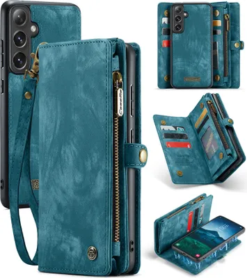 Produktbild von Schutzhülle für Samsung Galaxy S24 FE, Vintage Multifunktions Lederhülle, Kartenfächer, Reißverschluss Hülle Blau