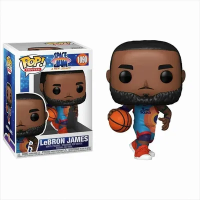 A Funko Pop! vinyl figure of LeBron James from Space Jam: A New Legacy, shown both in its packaging and outside of it.