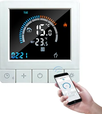 A digital thermostat is shown with a smartphone being used to control it.