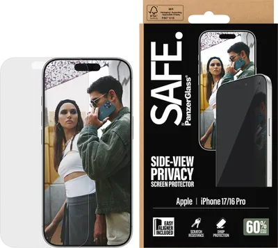 Obrázok produktu pre PanzerGlass SAFE. by ® 2-Way Privacy Screen Protector iPhone 17 | iPhone 16 Pro | Ultra-Wide Fit w. EasyAligner, Apple, Apple - iPhone 17, Apple - iPhone 16 Pro, Suché aplikovanie, Odolné proti poškriabaniu, Odolný proti nárazom, Priehľadná, 1 kusov