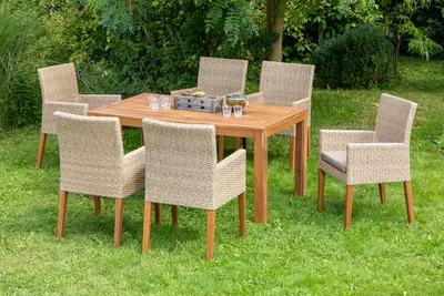 Produktbild von Merxx Gartenmöbelset "Ranzano" 7tlg - Aluminiumgestell mit Kunststoffgeflecht schilf/natur und Akazie, inkl. Kissen - 50443-259