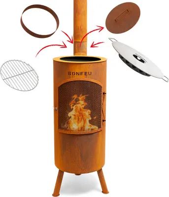 Produktbild von BonFeu BonTino Rost - Terrassenofen - Feuerstelle mit Funkenschutz für entspannte Abende  - Feuersäule Outdoor - Terrassenkamin mit Grillrost - Gartenofen aus hochwertigem Cortenstahl - 35x35x153cm