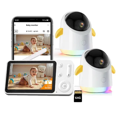Obrázek produktu pro Dětská chůvička se 2 kamerami a APP 2K/5" WLAN chůvička s rozdělenou obrazovkou PTZ 360° 4× zoom IR noční vidění Barevné noční světlo Automatické sledování a 64G