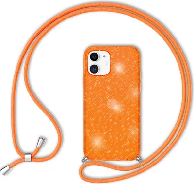 Image de NALIA Étui à paillettes avec chaîne pour iPhone 12 / 12 Pro, Étui à paillettes cordon Couverture orange pailletée