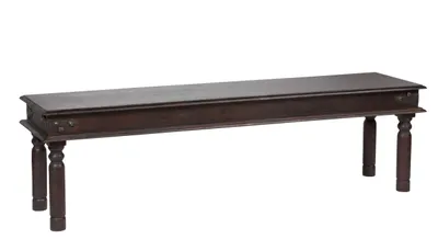 A dark brown wooden bench with decorative legs and metal accents on a white background.