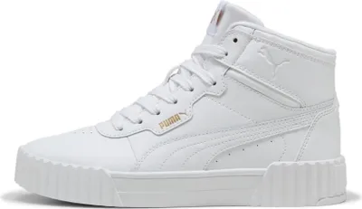 A white Puma Carina 3.0 Mid sneaker is shown from the side against a white background.