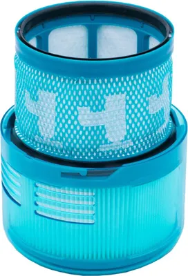 A close-up, studio shot of a teal vacuum cleaner filter assembly against a white background.