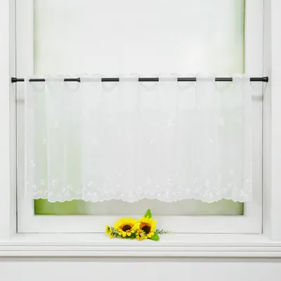 Produktbild von Scheibengardine, Bistrogardinen Vintage, Blumenstickerei Leinenoptik Transparent Bestickt Kurzstore, Stangendurchzug, Weiß HxB 60x120 cm