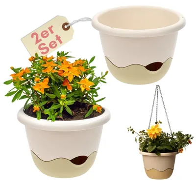 Produktbild von 2er Set Blumenampel Außen Hängetopf für Pflanzen Hängender Blumentopf Hängepflanzen Topf Hängeampel mit Kette und Wasserspeicher Hängeblumentopf Elfenbein 30 cm