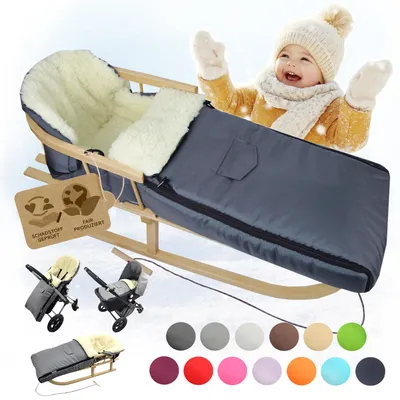 Produktbild von BAMBINIWELT HOLZSCHLITTEN mit Rückenlehne (90cm) + WINTERFUßSACK (108cm) Kinderwagen WOLLE dunkelgrau