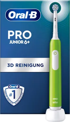 Produktbild von Oral-B Zahnbürste Pro Junior Green (Für Kinder ab 6 Jahren, integrierter Drucksensor, 2-Minuten Timer, 3 Putzprogramme, Lieferumfang: 1 Handstück, 1 Aufsteckbürste, 1 Ladestation)