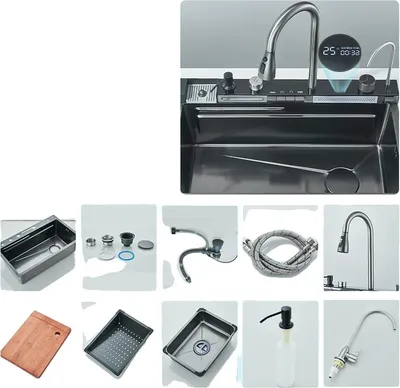 Immagine prodotto di lavello da cucina in acciaio inox 304, design a vasca singola, installazione su piano di lavoro, grigio canna di fucile