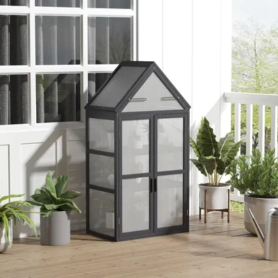 Produktbild von Gewächshaus Holz mit Polycarbonat, Mini Frühbeet Treibhaus, 3 Regalböden, aufklappbares Dach, Grau | 70,5 x 42 x 132 cm | Doppeltür | 10 kg