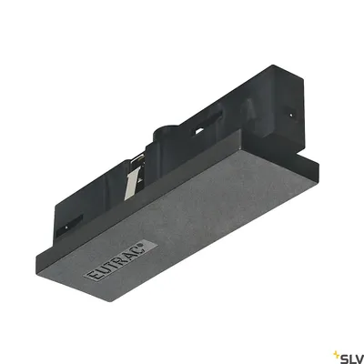 A product shot of a black electrical connector for a track lighting system.