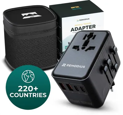 Produktbild von Remodius Weltstecker – Universal Reiseadapter für 220+ Länder, 2x USB-C PD, 2x USB-A, Typ-D-Slider