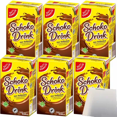 Produktbild von Gut & Günstig Schoko-Drink 3,5% Fett mit Papier-Trinkhalm kalt und heiß ein Genuss 6er Pack (6x500ml Packung) + usy Block