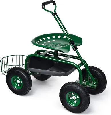 Produktbild von GOPLUS Gartenwagen, 360° drehbarer Gartensitz mit ausziehbarem Griff, Gartenhocker mit Ablage & Korb,Sitz höhenverstellbar, bis 150 kg belastbar, Rollsitz für Gartenarbeit (96,5 x 48,5 x 45,5-54,5 cm)
